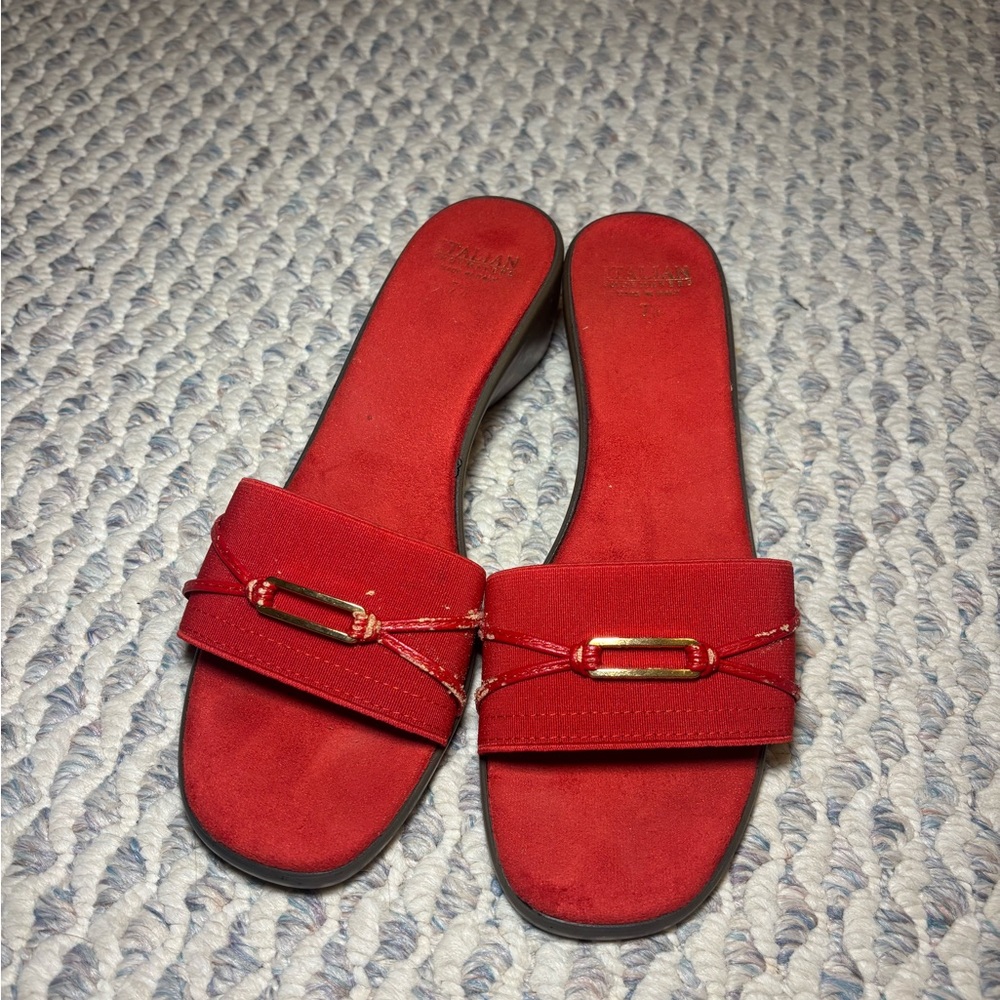 Italian Leather Red Slide Wedged Sandals